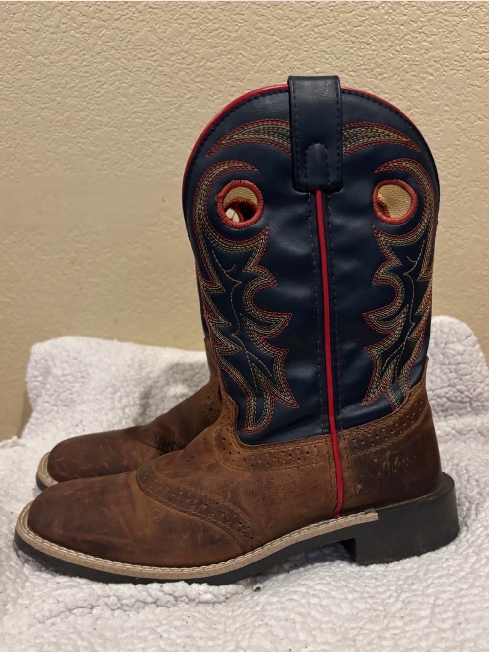 Men's Brown Leather Cowboy Boots with Navy Shaft and Red Trim